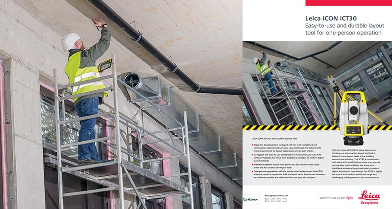 Caractéristiques techniques du Leica iCON iCT30, instrument automatique d’implantation de construction.